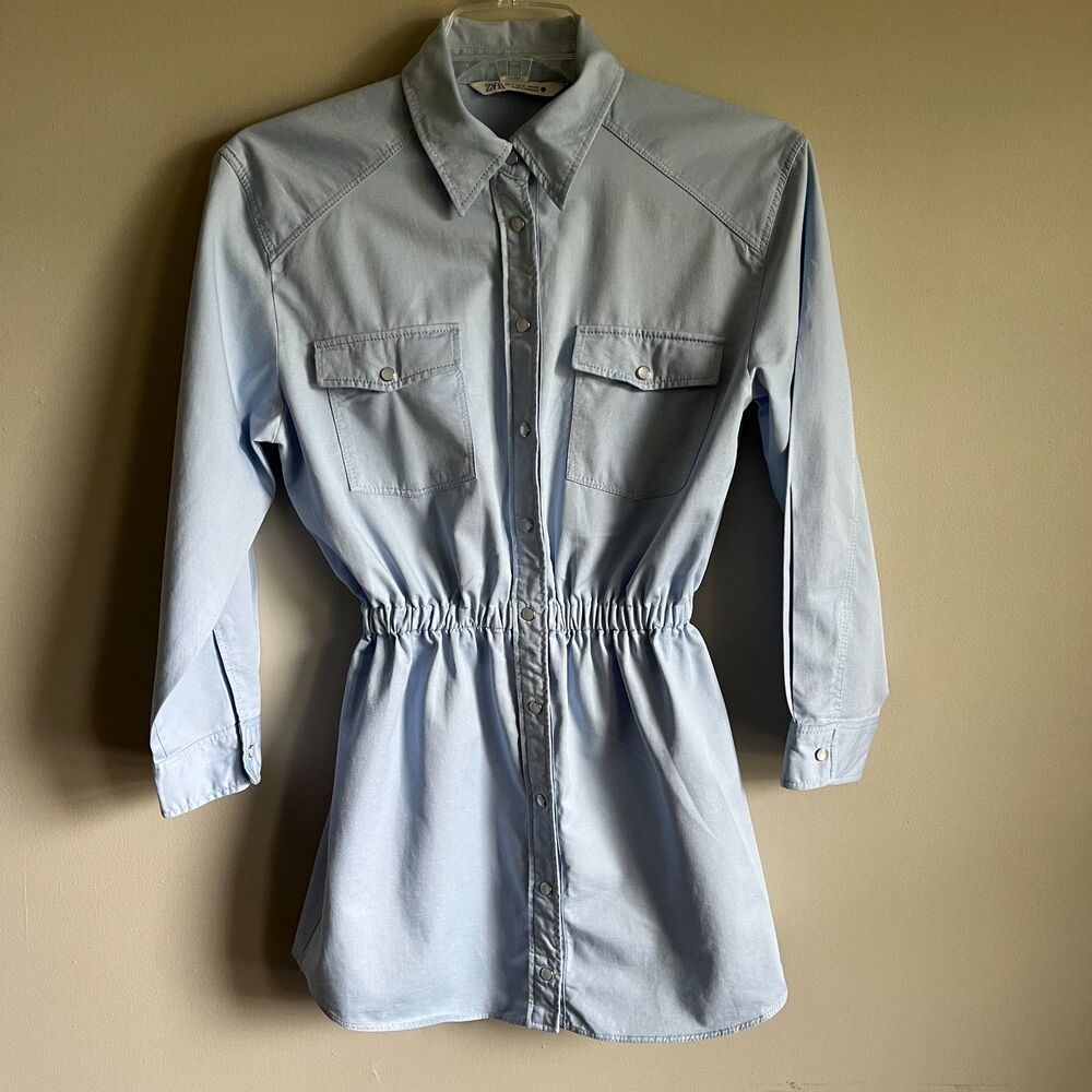 ZARA Denim-Look Mini Shirt Dress Women's S Blue Cotton Linen Blend Elastic Waist